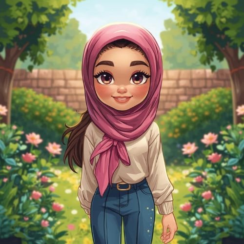 Illustration of a girl wearing a pink headscarf