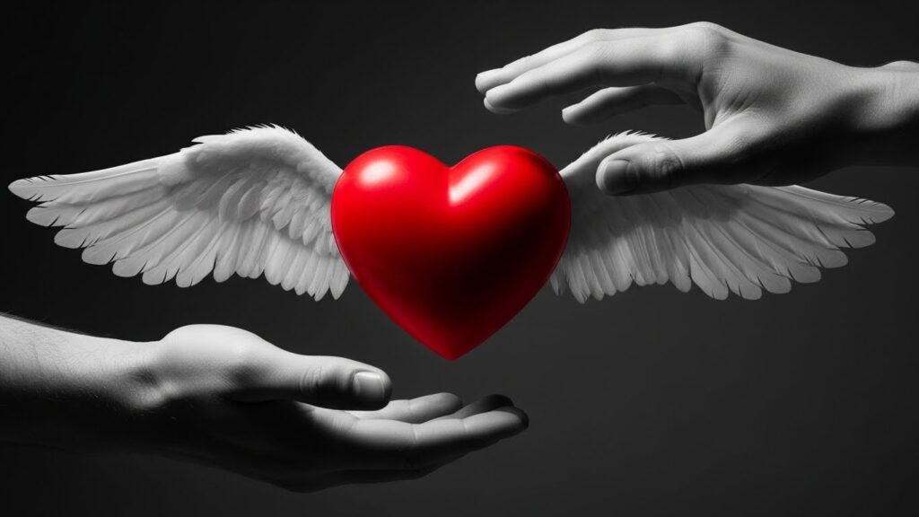 Two hands gently hold a heart with wings