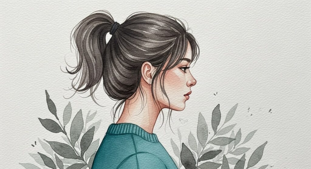 Watercolor painting of a woman with a ponytail