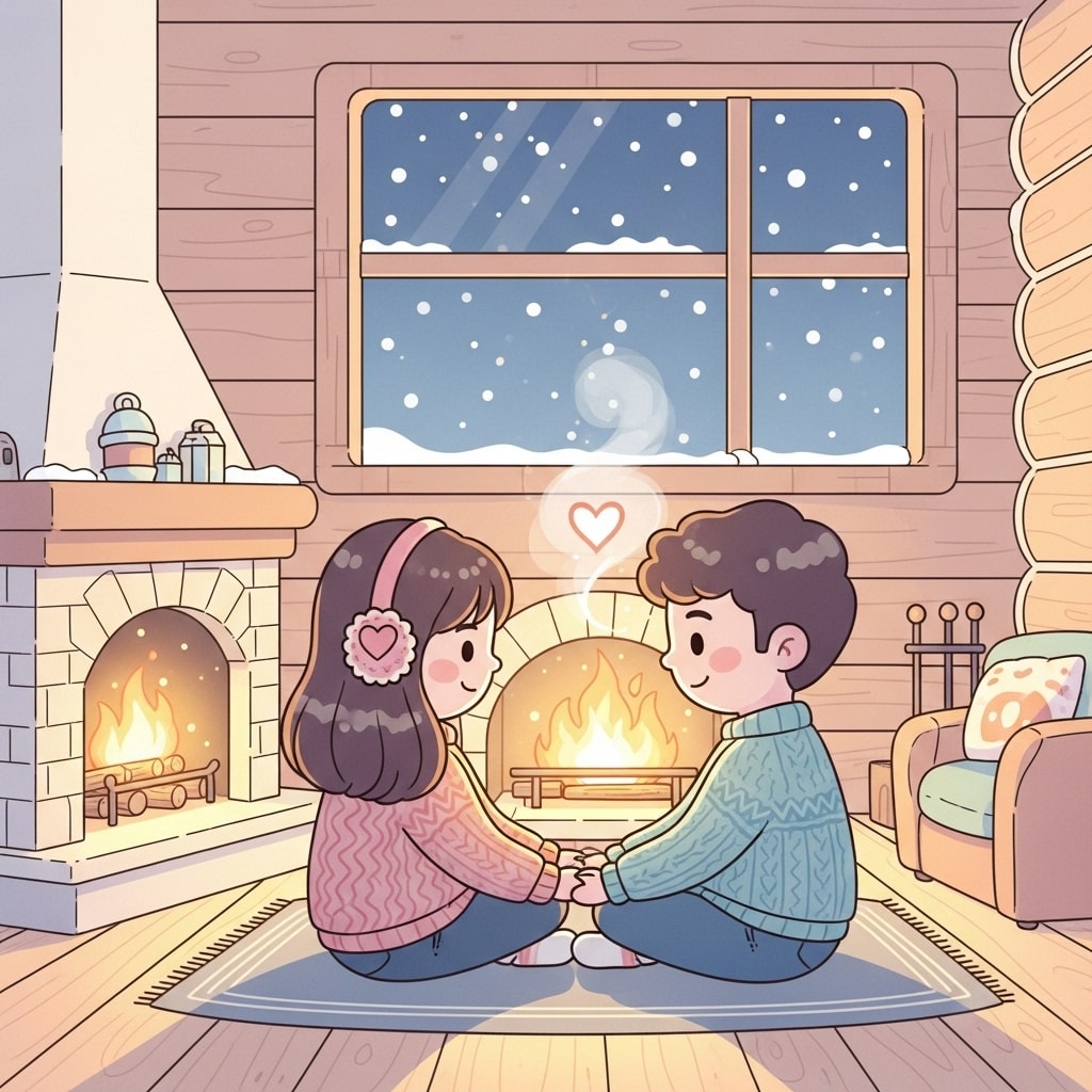 artoon couple sitting by a cozy cabin fireplace, snow falling outside