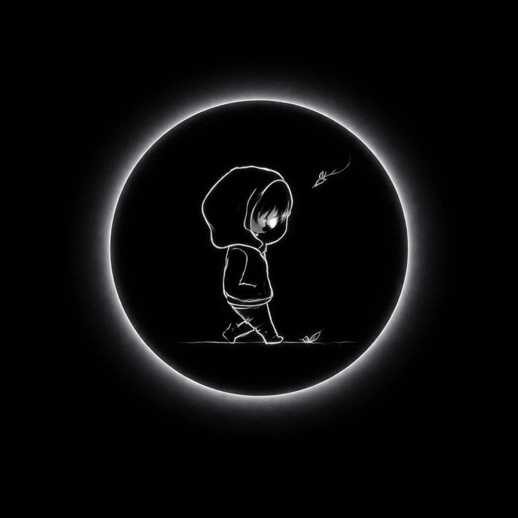 A black and white drawing of a person walking beneath a large black moon