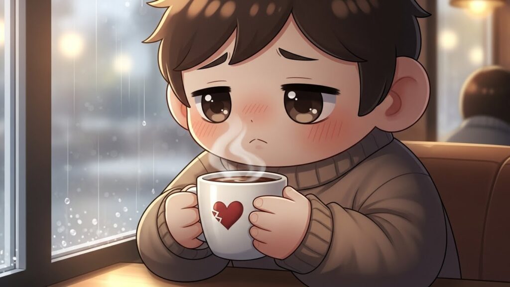 A boy smiles while holding a coffee cup adorned with a heart design