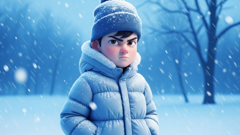 A boy wearing a blue coat stands in a snowy landscape