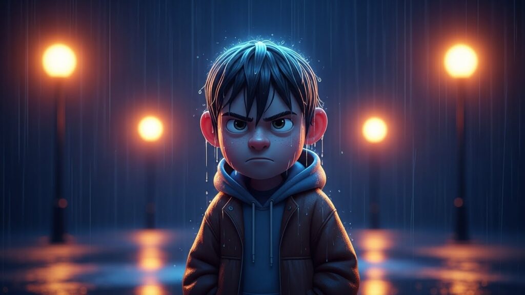 A boy wearing a hoodie stands in the rain