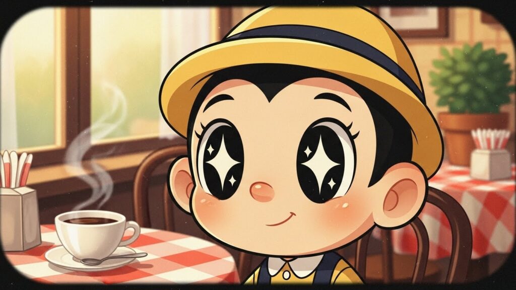 A cartoon boy sitting at a table