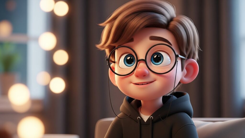 A cartoon boy with glasses and a hoodie