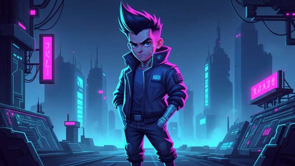 A cartoon character stands confidently in front of a vibrant