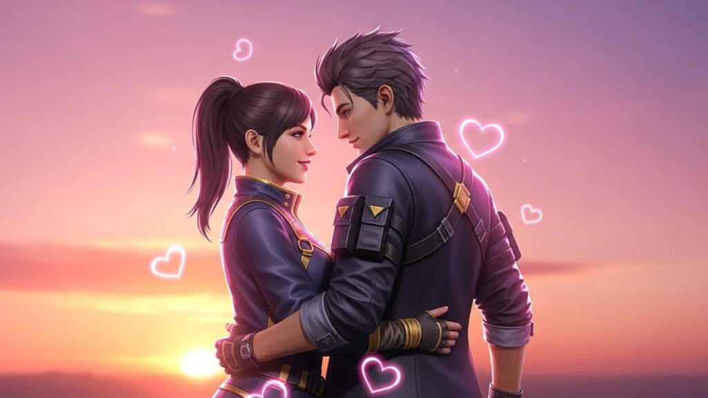A couple embraces lovingly with colorful hearts floating in the background