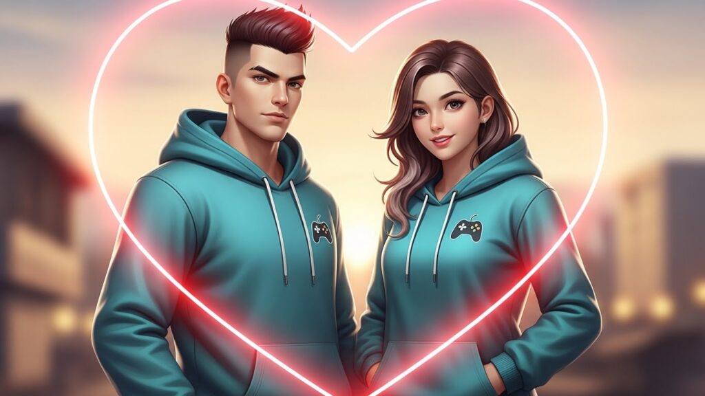A couple in hoodies stands together in front of a glowing heart-shaped light