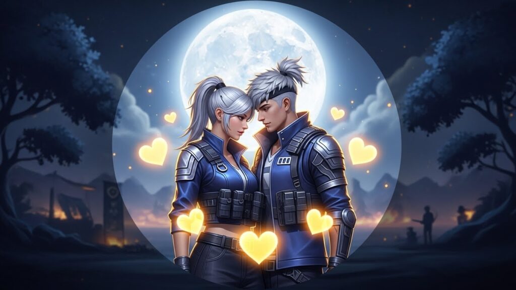 A couple in love surrounded by floating hearts