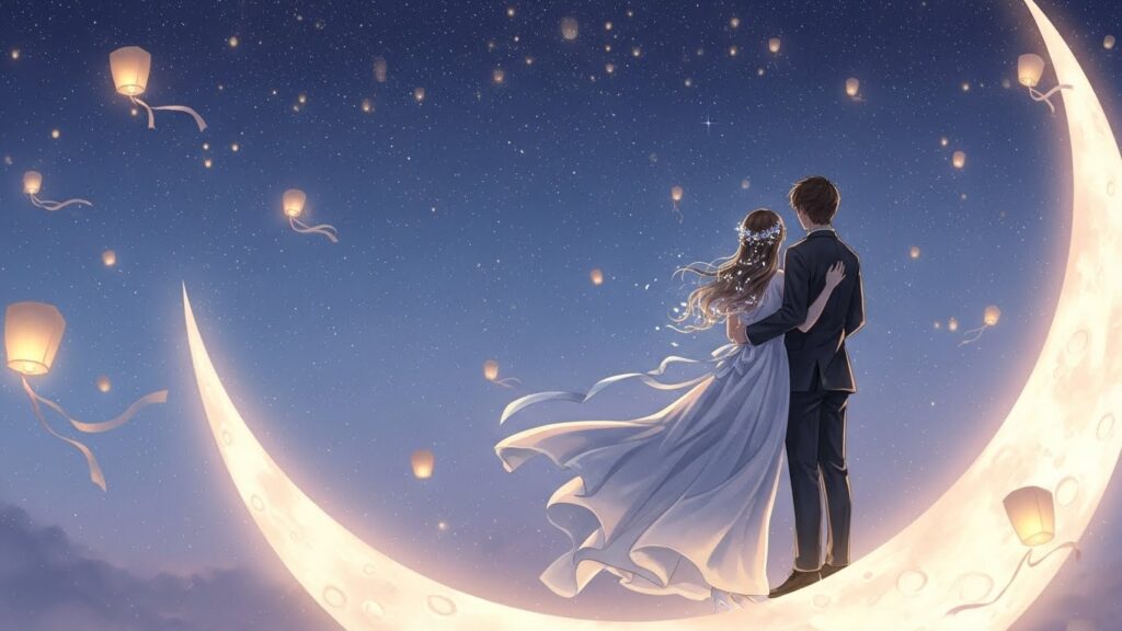 A couple stands on the moon