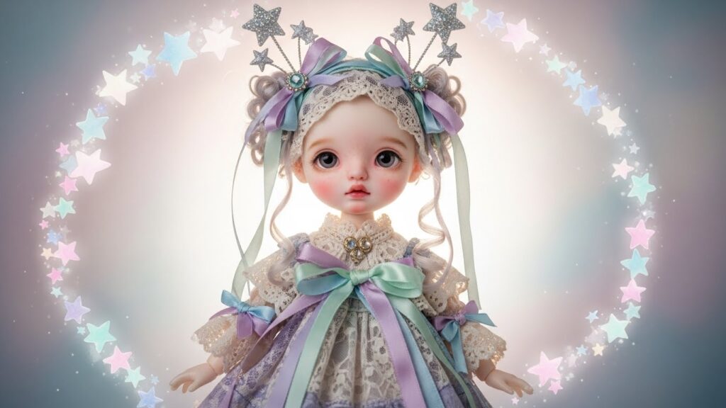 A doll wearing a starry dress stands against a starry background