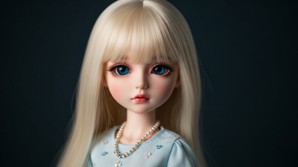 A doll with long blonde hair and blue eyes