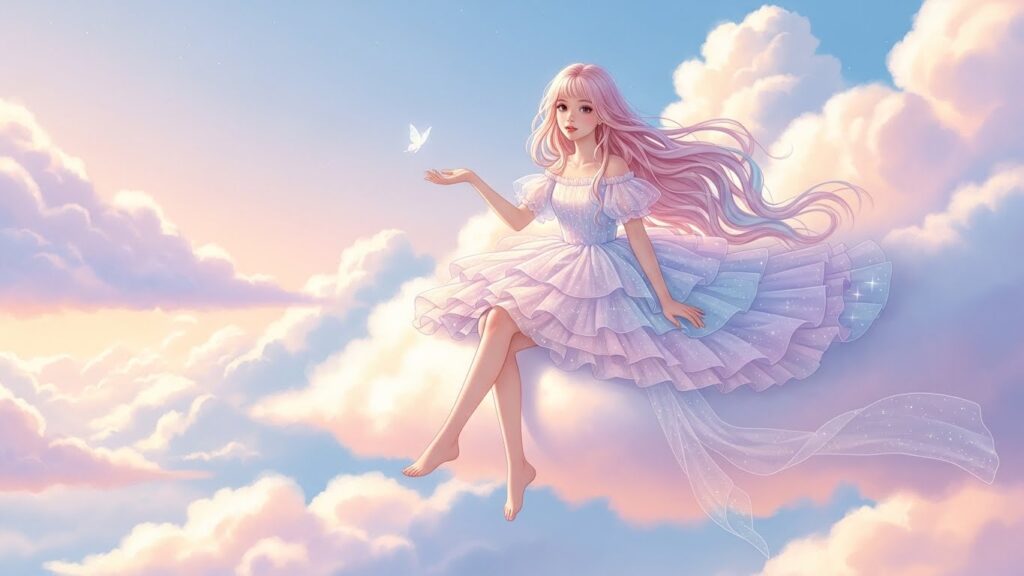 A girl in a pink dress sits peacefully on a fluffy white cloud against a blue sky backdrop