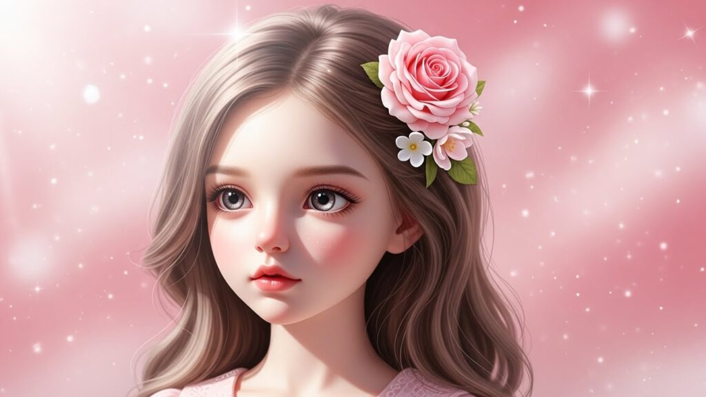 A girl with long hair adorned with pink flowers