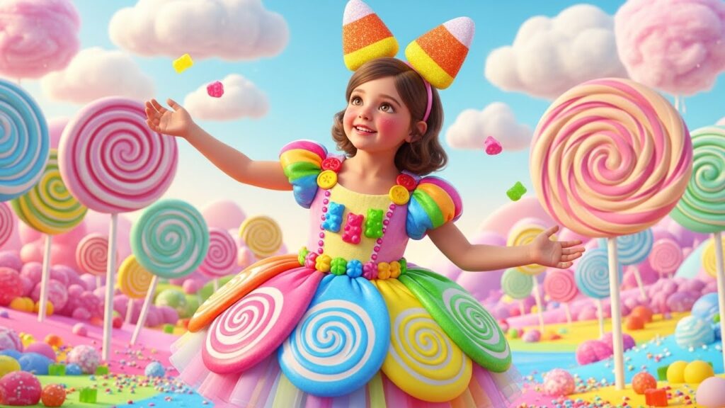 A little girl in a colorful dress stands in front of a whimsical candy land filled with oversized sweets