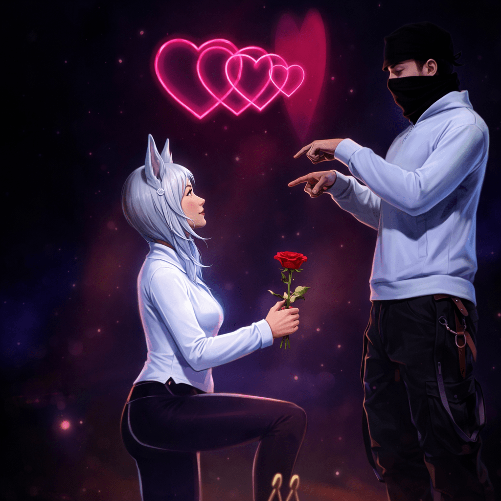 A man and woman kneel together, each holding a single rose