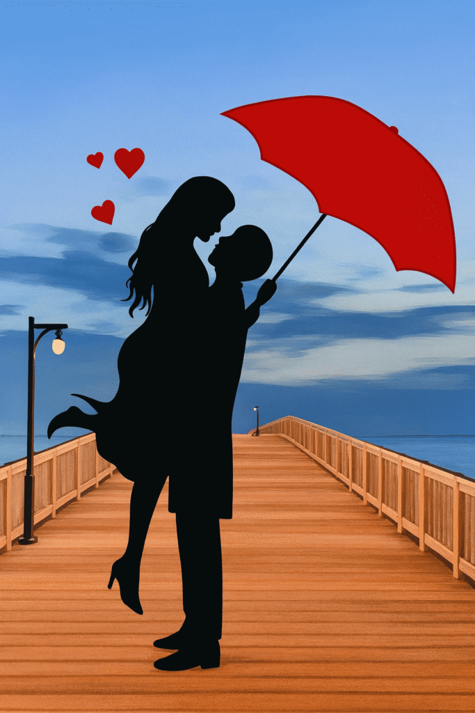 A man and woman share a kiss under a colorful umbrella