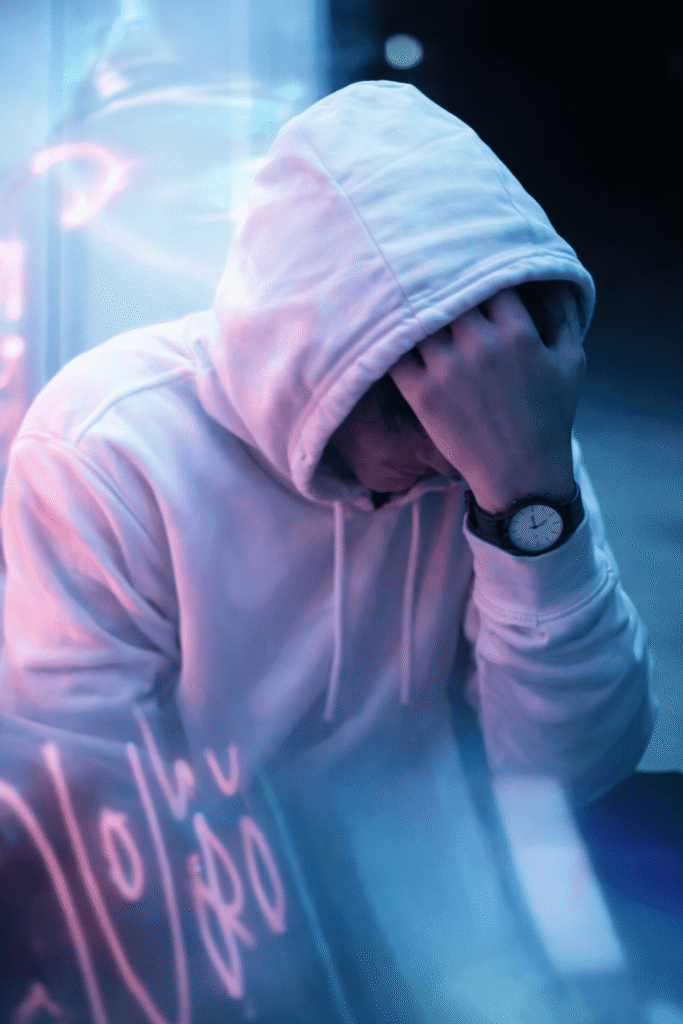 A man in a hoodie sits at a table