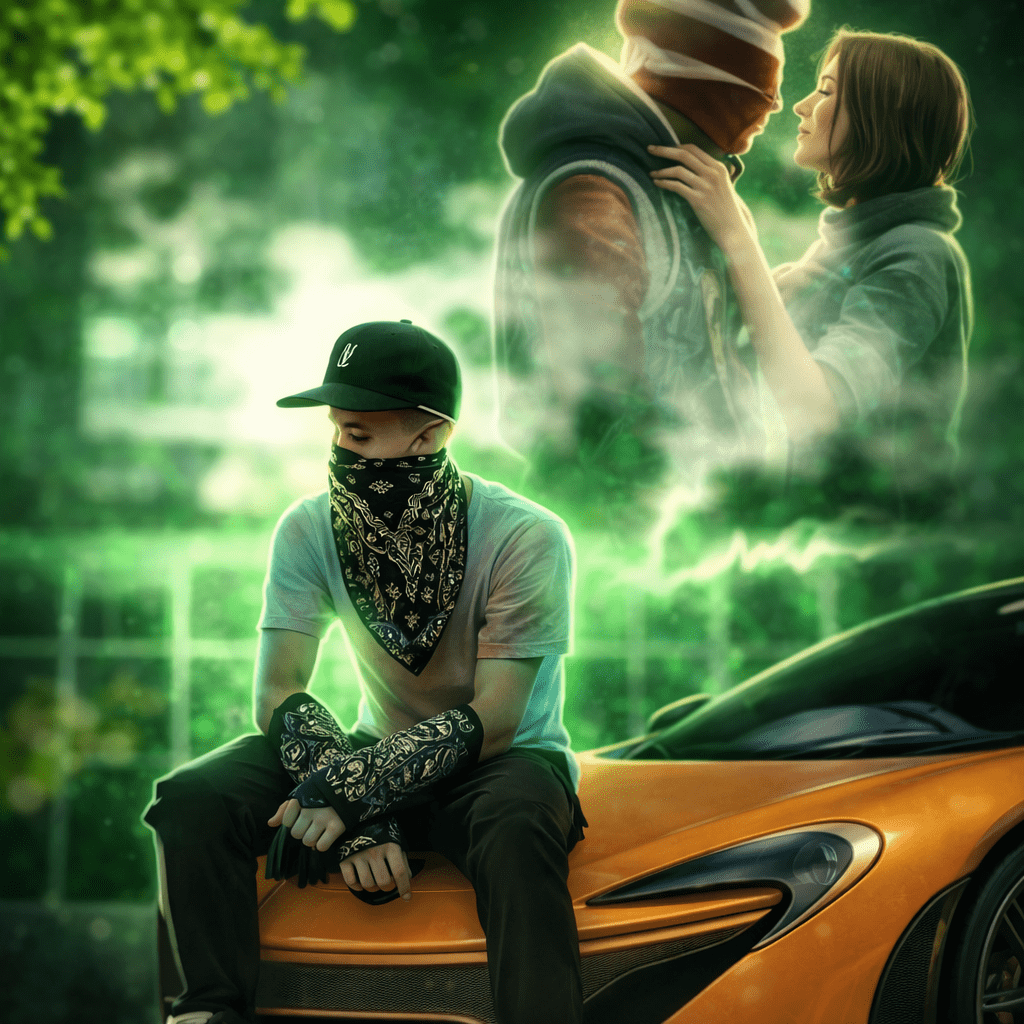 A man wearing a bandana sits on top of a car