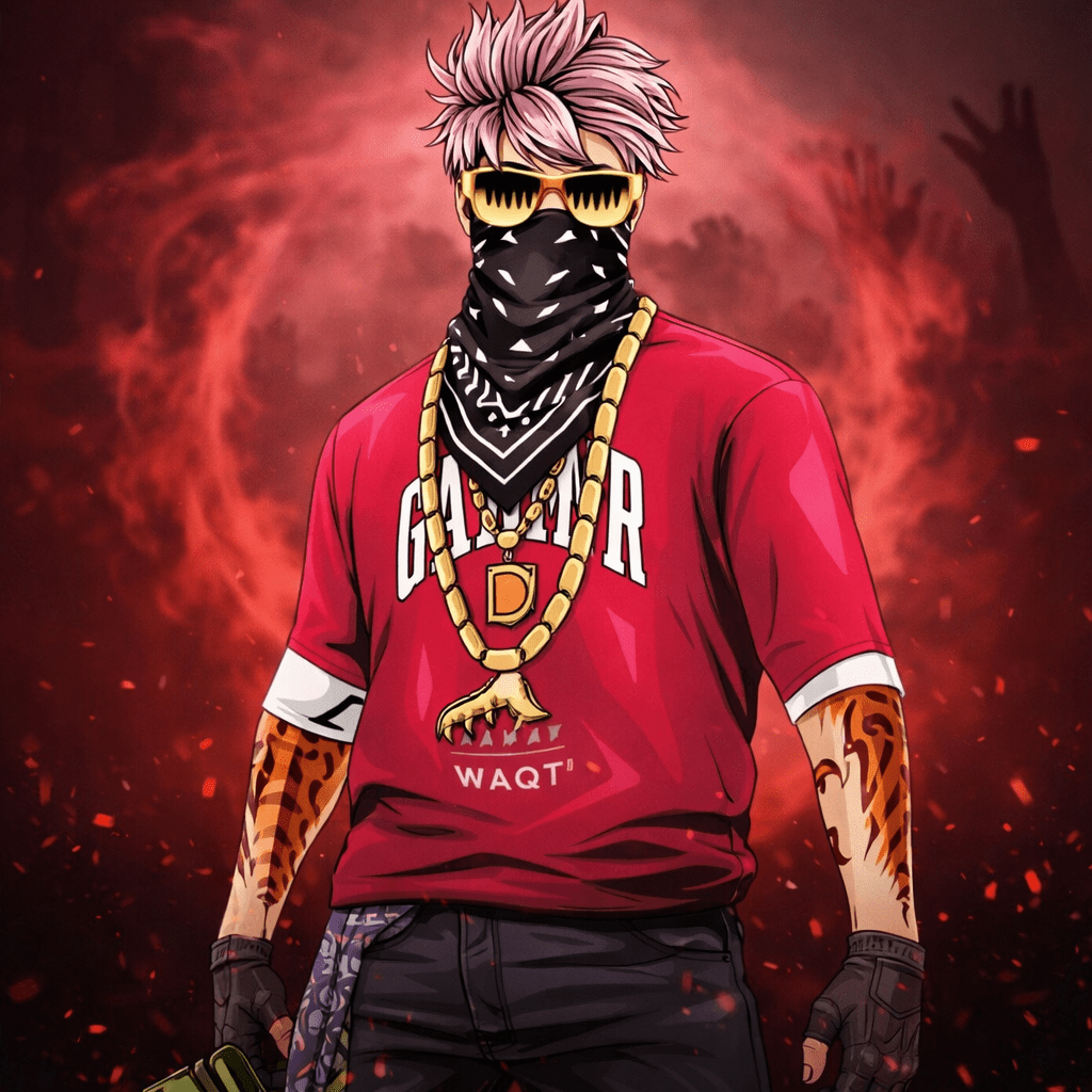 A man wearing a red shirt and a bandana on his head