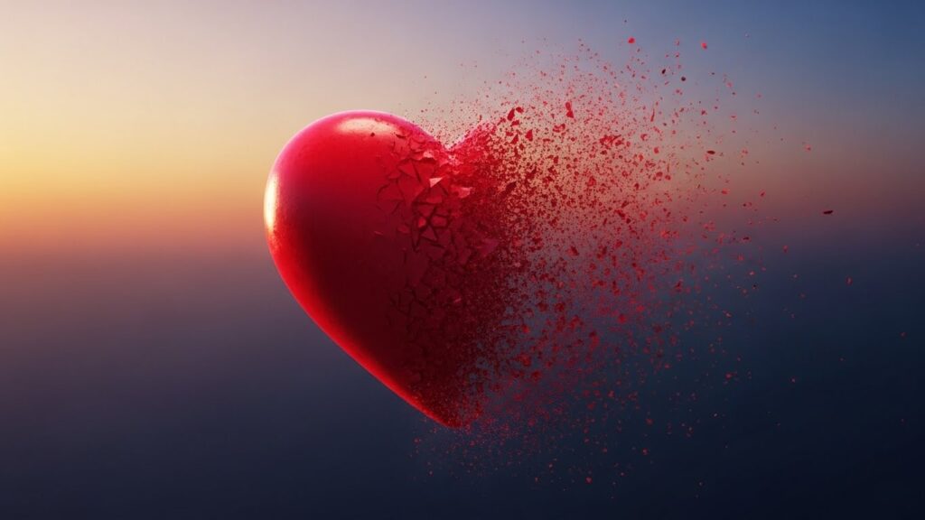 A red heart is being inflated by the wind, gently swaying as it fills with air against a clear blue sky.