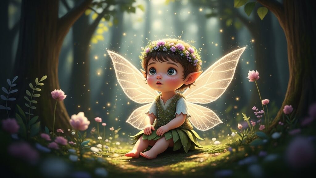 A small fairy sitting among colorful flowers in a serene forest setting