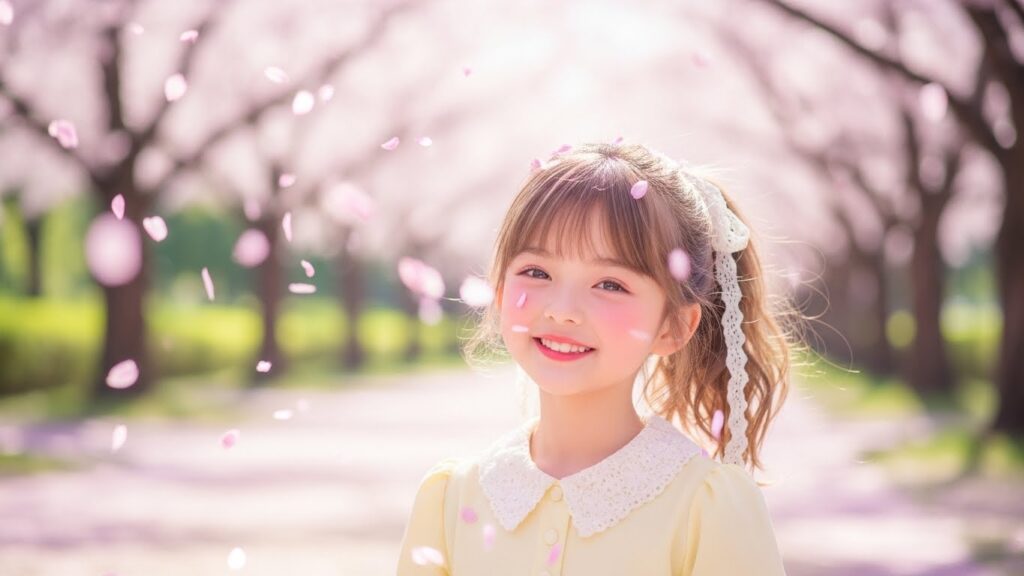 A smiling little girl stands in front of a tree adorned with vibrant pink blossoms