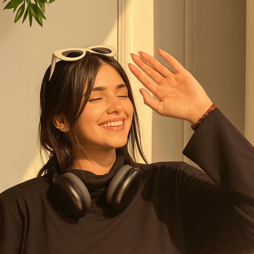A smiling woman wearing headphones and sunglasses
