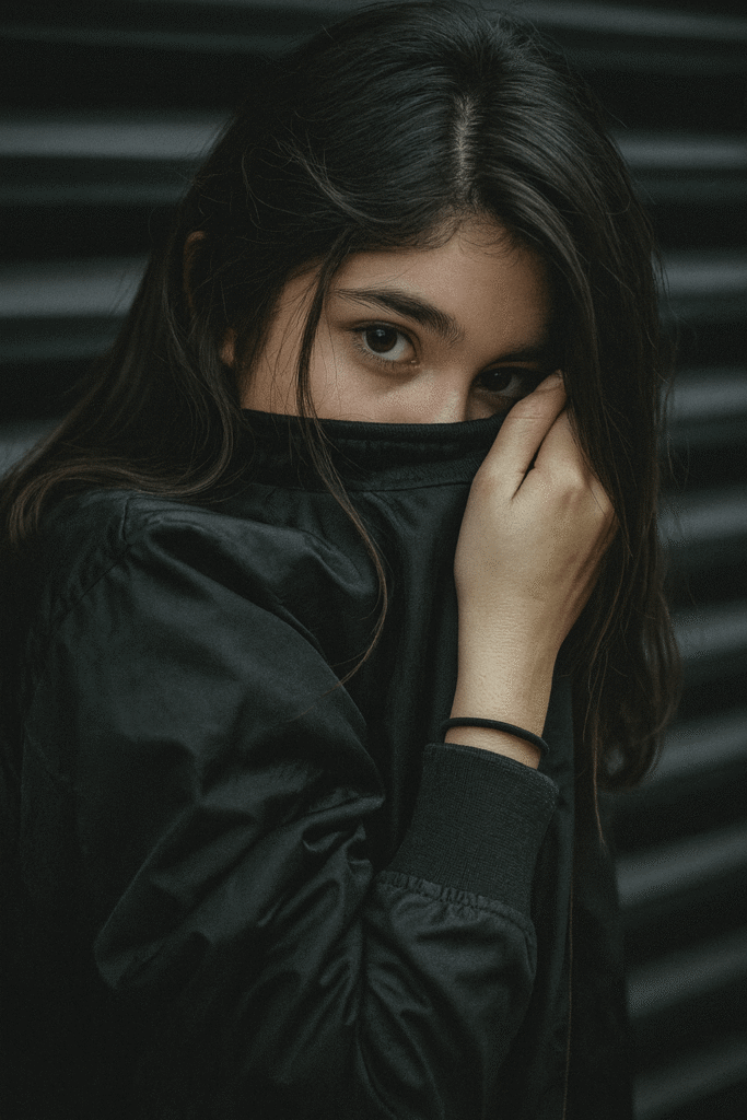 A woman conceals her face behind a black jacket