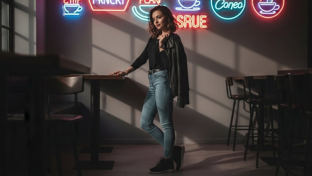 A woman stands confidently in front of a vibrant neon sign