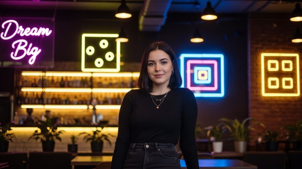 A woman stands confidently in front of vibrant neon signs