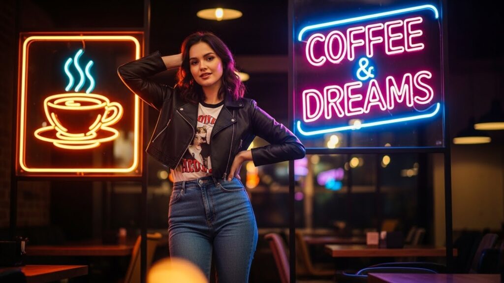 A woman stands in front of a sign that reads Coffee and Dreams