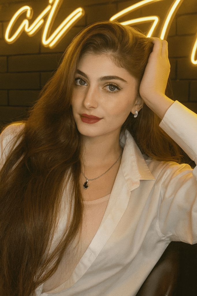 A woman with long hair sits in front of a vibrant neon sign