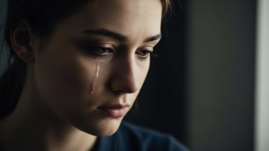 A woman with tears in her eyes gazes directly at the camera