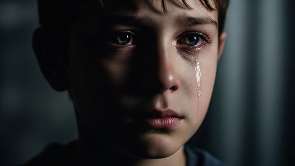 A young boy is crying alone in a dark room