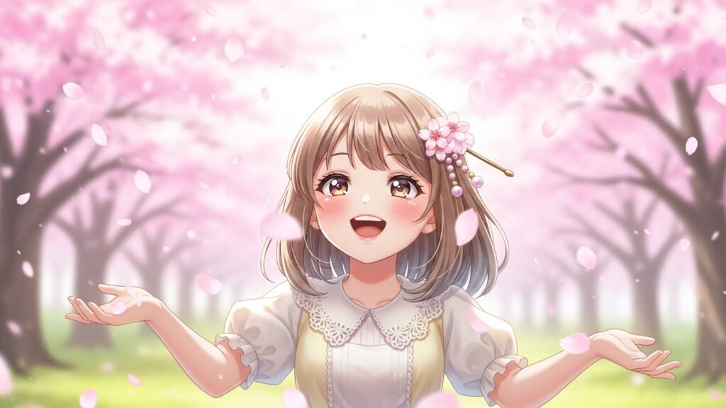 Anime girl surrounded by delicate cherry blossoms