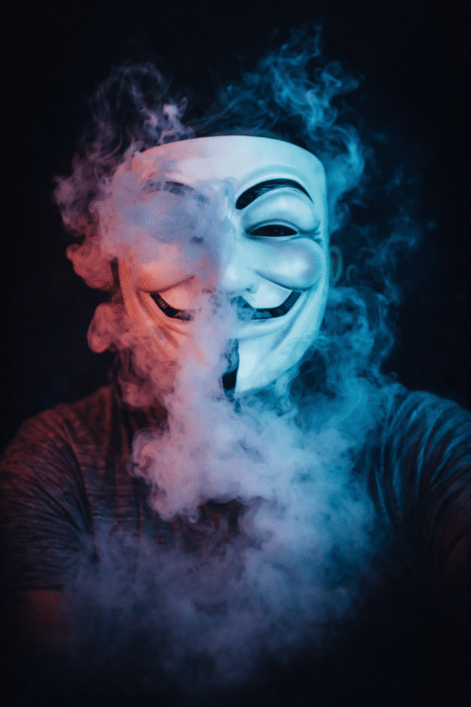 Anonymous mask surrounded by swirling smoke