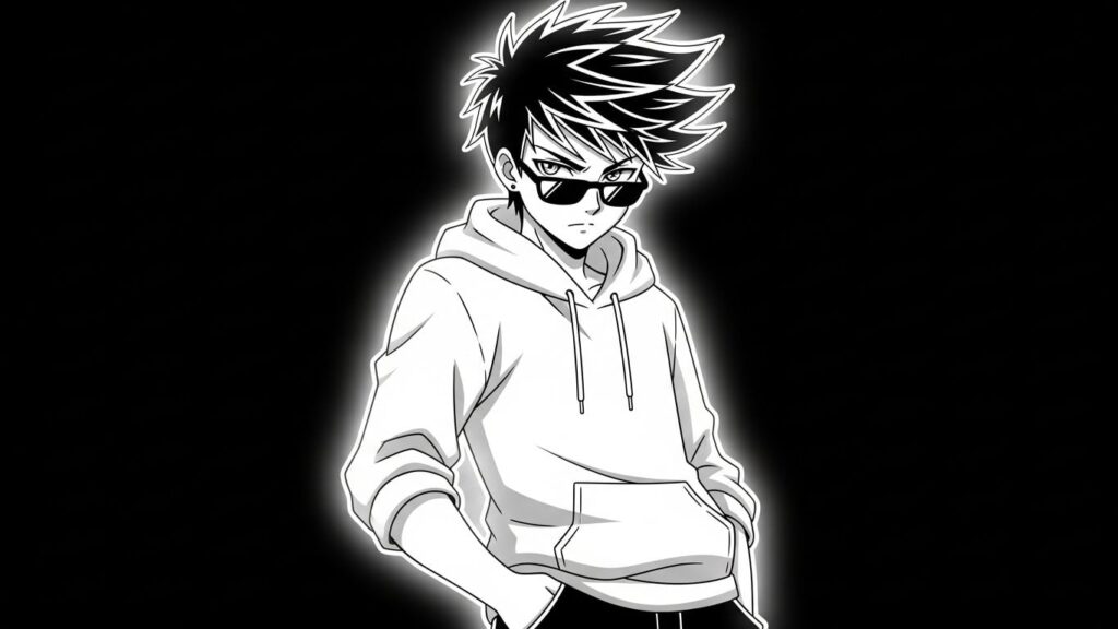 Black and white anime character wearing a hoodie and sunglasses