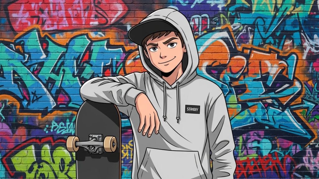 Cartoon boy in a hoodie leaning against a skateboard
