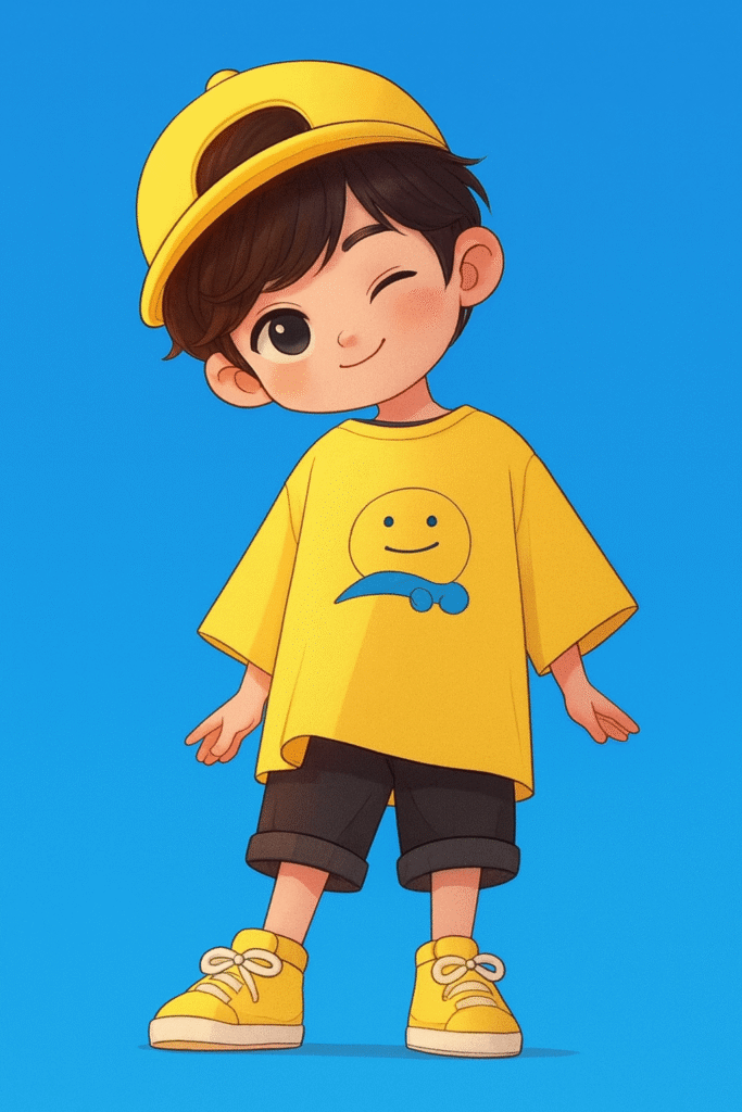 Cartoon boy in a yellow shirt and hat