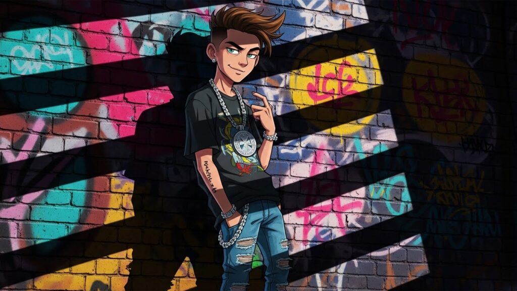 Cartoon boy standing in front of a colorful graffiti wall
