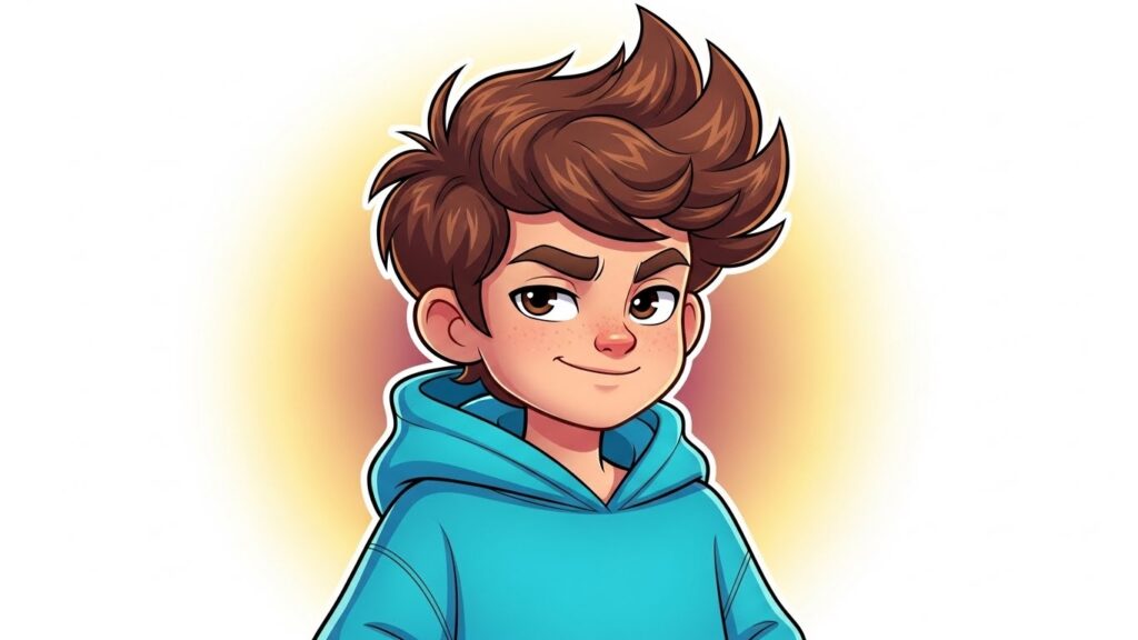 Cartoon boy with brown hair wearing a blue hoodie