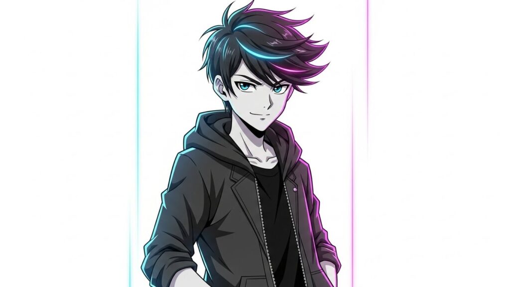 Cartoon character with black hair and blue eyes