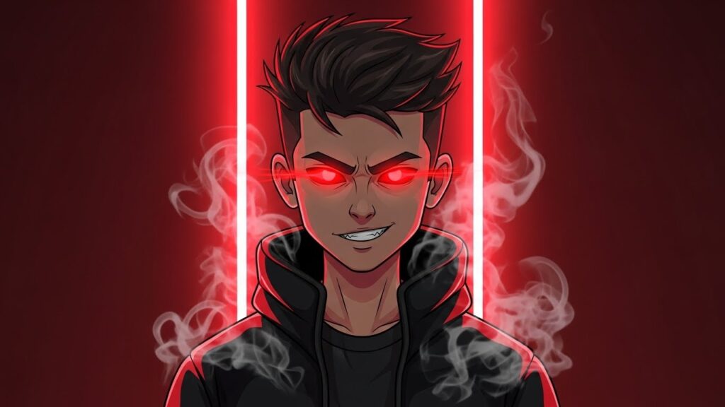 Cartoon character with red eyes exhaling smoke