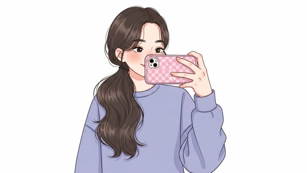 Cartoon girl smiling while taking a selfie with her phone
