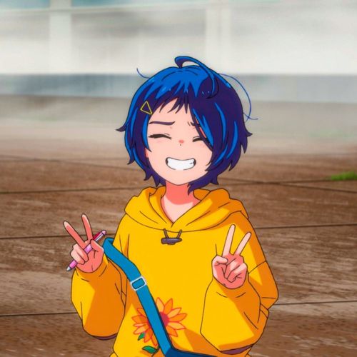 Cartoon girl with blue hair wearing a yellow shirt