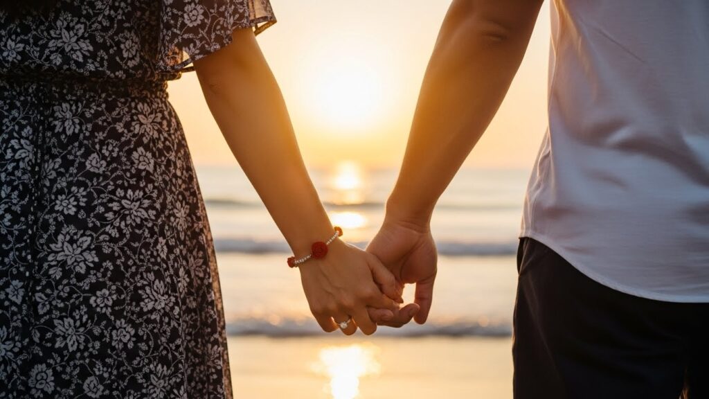 Couple holding hands on a beach during a vibrant sunset