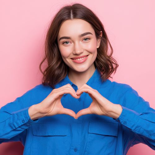 Happy woman forming a heart shape with her hands against a vibrant pink background