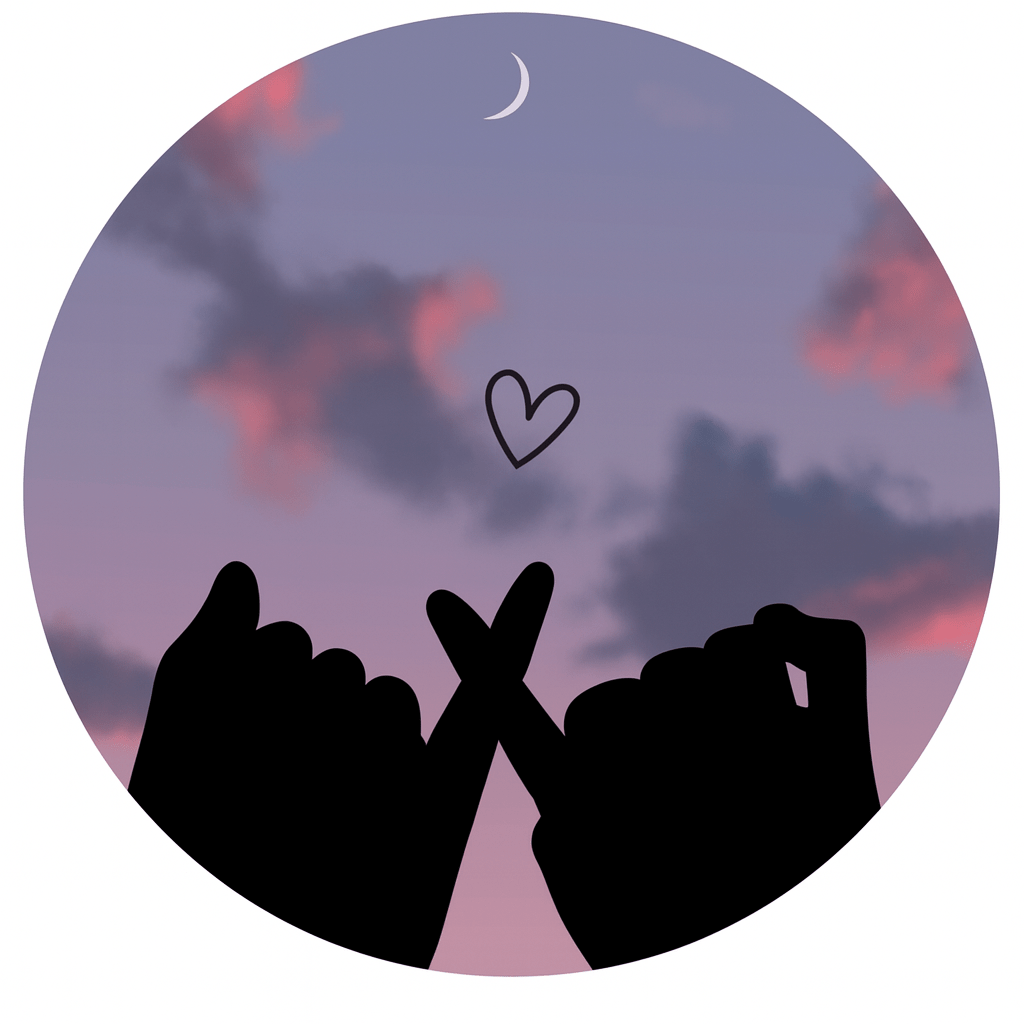 Two hands hold a heart against a soft pink sky